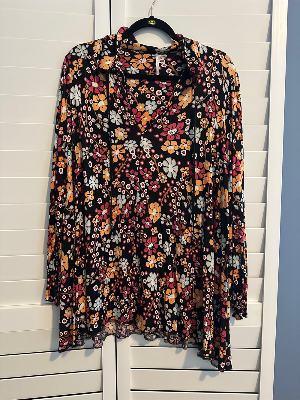 Free People Black Floral Top with Pink, Orange & Light Blue Blooms